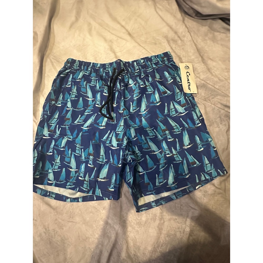 Centro Mens Sailboat Print Swim Trunks Royal Sky Blue MS1003 Large NWT